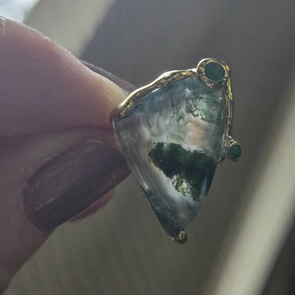 Moss Agate & Green Onyx Natural Gemstone Sterling & Gold Ring Sz7.5 - Picture 11 of 11